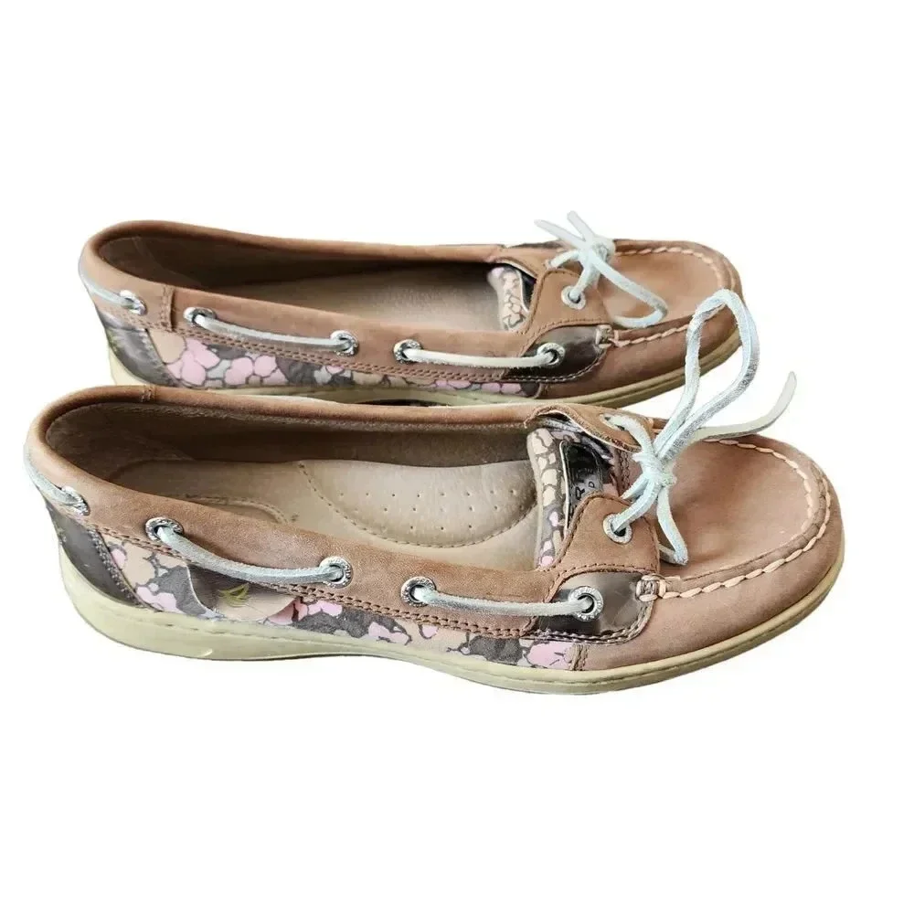 Sperry Topsider Boat Shoes Women Size 7.5 Brown Pink Leather Flat Floral 9102278